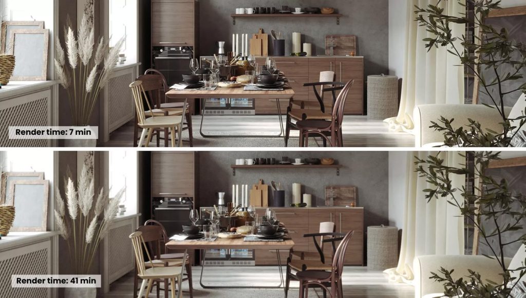 Chaosでテストした結果、41分レンダリングと同等のレンダリングを7分で得る事ができました